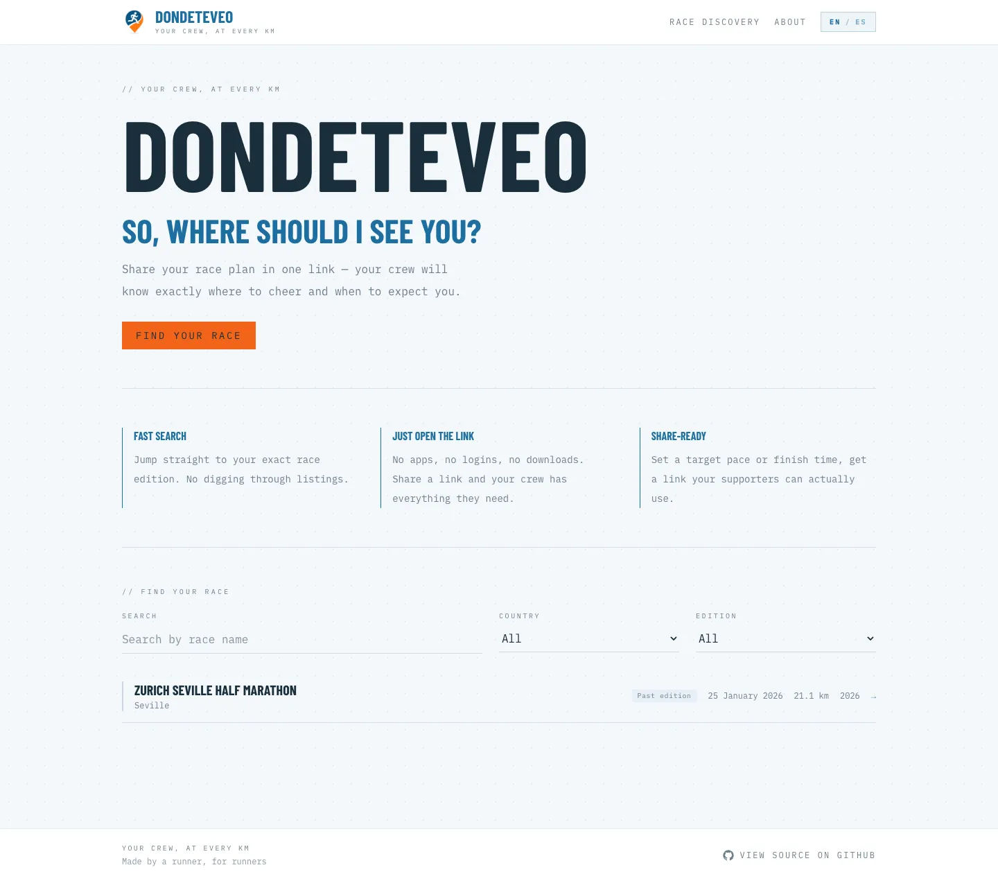 Dondeteveo homepage showing race search and a spectator-focused hero section