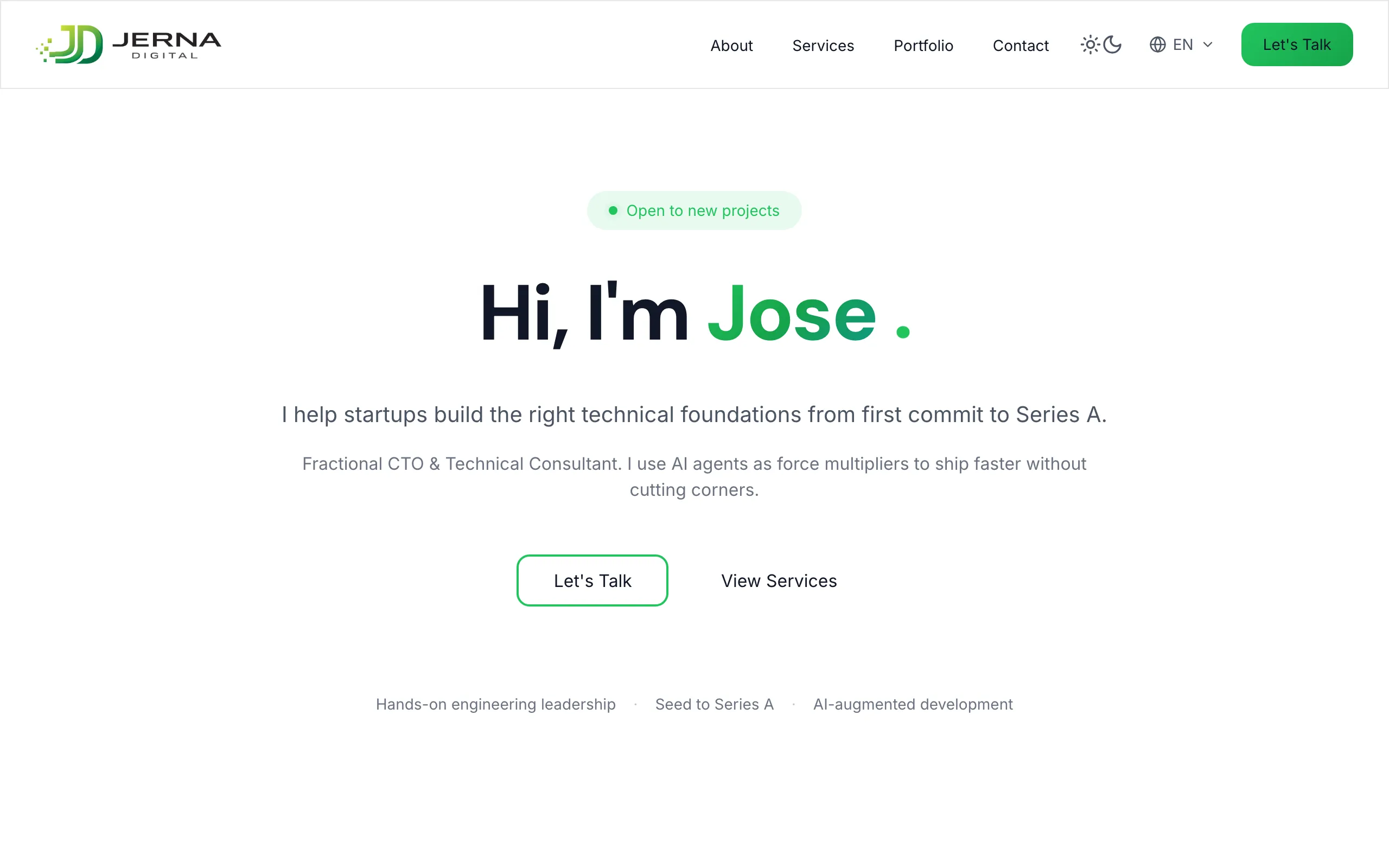 Jerna Digital homepage in light mode showing the hero section